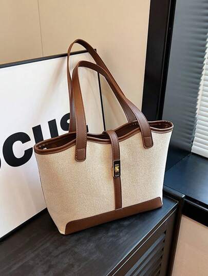 Contrast Binding Shoulder Tote Bag Casual Double Handle For Work School Bag For Graduate, Teen Girls, Freshman, Sophomore, Junior & Senior In College, University & High School, Perfect For Outdoors ,Travel & Back To School