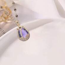 1pc Fashionable Sweet Cat Eye Stone And Rhinestone Decor Tulip Flower Necklace, Versatile Clavicle Chain For Girls And Women To Wear On Parties, Festivals, Weddings And Daily Occasions - Purple - View 7