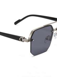 1 Pair Men's Metal Half-Frame Fashion Glasses, Double Bridge Rectangular Aviator Stylish Eyeglasses For Summer Beach Vacation,Outdoor,Travel