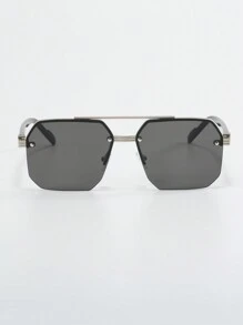 1 Pair Men's Metal Half-Frame Fashion Glasses, Double Bridge Rectangular Aviator Stylish Eyeglasses For Summer Beach Vacation,Outdoor,Travel