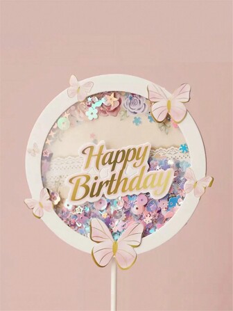 1pc Pink Cake Decoration Set, Cake Toppers, Glitter Butterfly Round Shaped Cake Inserts,Cake Topper With Circle Tag For Baking Party,Cupcake Plug-In, For Home Gathering Birthday Wedding Party, Party Supplies, Cake Decors,Christmas