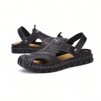 Summer Men's Genuine Leather Sandals, Top Grain Cowhide Toe Cap, Anti-Slip, Casual Outdoor Beach Shoes New 2024