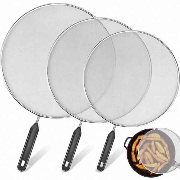 3Pcs Splatter Guard With Handle Stainless Steel Mesh Splatter Screen Splash-Proof Oil Splatter Guard Temperature Resistant Splatter Screen Strainer 9.8 In+11.4 In+13 In For Cooking Frying Pan