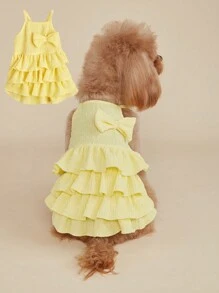 1pc Spring/Summer Pet Clothes For Small Dogs & Teddy, Cat Patterned Princess Dress With Layered Puffy Skirt And Candy Colors - Yellow - View 2