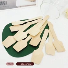 50 pièces Cuillères en bois jetables, 9,5/10/11/14/16 cm, ustensiles de couverts écologiques pour les fêtes, les pique-niques, les dîners à la maison, les desserts, Noël