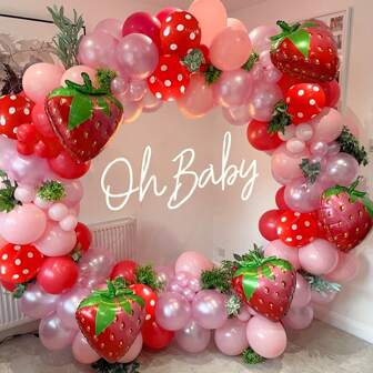 128pcs Strawberry Party Decoration Balloon Garland Kit - Strawberry Foil Balloon For Sweet Girl Berry First Birthday Party Supplies,