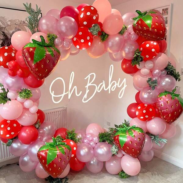 128pcs Strawberry Party Decoration Balloon Garland Kit - Strawberry Foil Balloon For Sweet Girl Berry First Birthday Party Supplies,