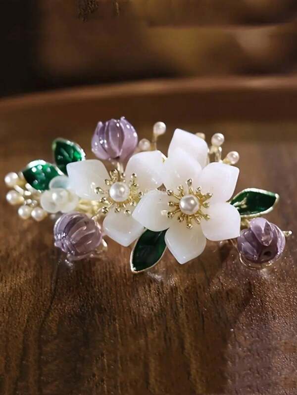 1 pieza Broche de pelo con clip con decoración de flor elegante y perla falsa para la primavera - Accesorio de tocado elegante para el peinado, ideal como regalo del Día de San Valentín - Accesorios para el cabello como diadema, turbante, banda deportiva