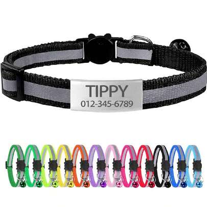1pc Personalized Reflective Pet Collar With Cartoon Anti-Choking Buckle + Bell For Female/Male Cats Weighing Up To 5kg, Adjustable, Suitable For Daily Use Ornamental,Engraved,Stainless Stylish,Fashion,Colorful,Vintage,Cute,Contracted,Cuties Custom,Unique,Customized,Personalized Pet For Anniversaries,For Birthdays,Customized Pet Supplies