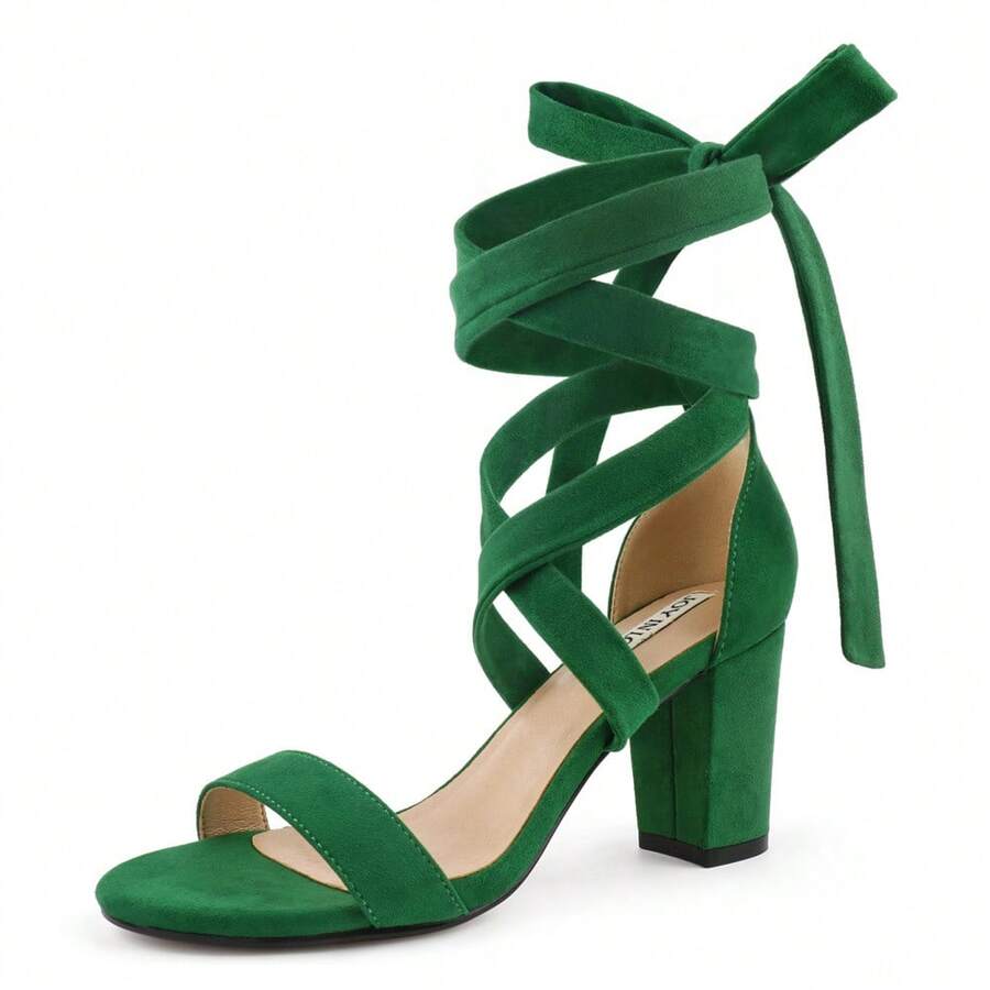 Women's Lace Up Heels 3 Inch Chunky Block Heel Strappy Sandals - Green - View 1
