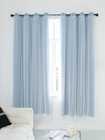 1pc Blue Double Layer Blackout Curtain For Living Room / Bedroom