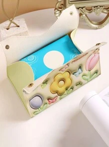 1pc Sweet Floral Print Tissue Box, Napkin Holder, Creative Paper Towel Box, Faux Leather Material, Tabletop Storage Box, 3D Cartoon Flower Pattern, Button Closure, Can Store Jewelry & Cosmetics, Suitable For Home, Bedroom, Office, Dining Table, Car - Multicolor - View 6