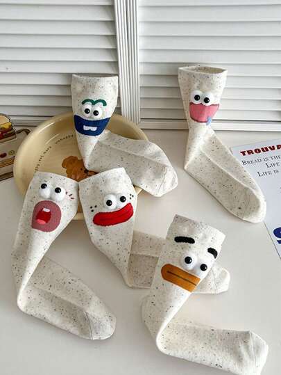 1至5双（随机混装）女士个性傻傻可爱表情波尔卡圆点图案趣味中筒袜，适合日常穿着