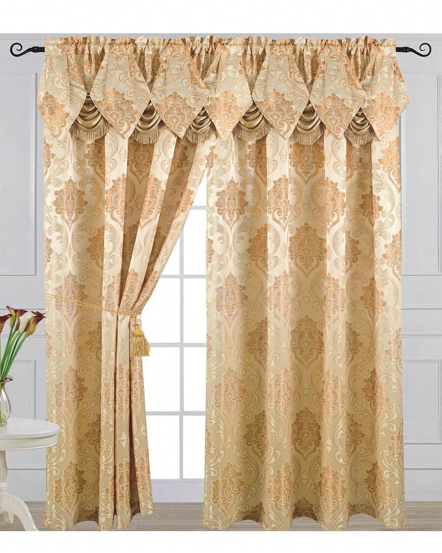 1pc Luxury Fancy Jacquard Room Darkening Modern Curtain Panel 54 By 84-Inch With Attached Waterfall Valance Modern Semi-Blackout For Living Room Bedroom And Dining Room Many Colors To Choose From Beige Gold Sage Green Light Taupe And Burgundy. - 米色 - 查看 1