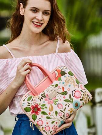 粉色光線豪華風格高端印花女士手提電腦包，14英寸可攜式，適用於女性2024新款型號，華為，惠普，蘋果，華碩，Thinkpad，小米，戴爾/女孩MacBookpro 13公事包Air (手工裁剪，花卉圖案可能與圖片不符)