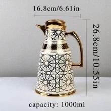 Cafetera térmica de 1000 ml, Body de acero inoxidable de doble pared con patrón dorado, interior de PP, forro interior de vidrio, botella térmica de forma única que mantiene caliente hasta 12 horas/fría hasta 24 horas, servidor/dispensador de café, vuelta al colegio