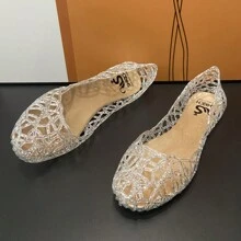 Summer Women Hollow Out Flat Crystal Jelly Shoes, Pointed Toe Soft Beach Sandals