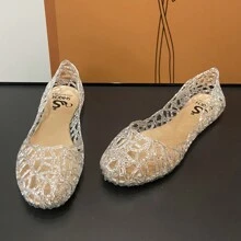 Summer Women Hollow Out Flat Crystal Jelly Shoes, Pointed Toe Soft Beach Sandals