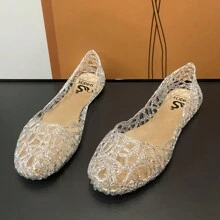 Summer Women Hollow Out Flat Crystal Jelly Shoes, Pointed Toe Soft Beach Sandals