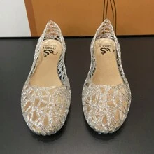 Summer Women Hollow Out Flat Crystal Jelly Shoes, Pointed Toe Soft Beach Sandals