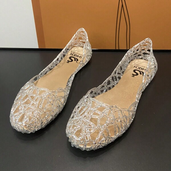 Summer Women Hollow Out Flat Crystal Jelly Shoes, Pointed Toe Soft Beach Sandals
