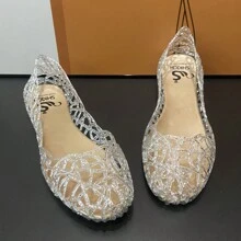 Summer Women Hollow Out Flat Crystal Jelly Shoes, Pointed Toe Soft Beach Sandals