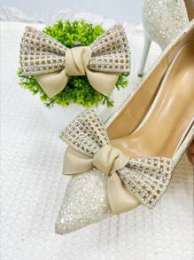 1pair Detachable Colorful Rhinestone & Rhinestone Mesh Bow Tie Shoe Accessory For Women, Suitable For All Types Of Women's Shoes And Clothes