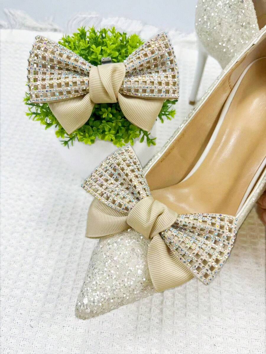 1pair Detachable Colorful Rhinestone & Rhinestone Mesh Bow Tie Shoe Accessory For Women, Suitable For All Types Of Women's Shoes And Clothes