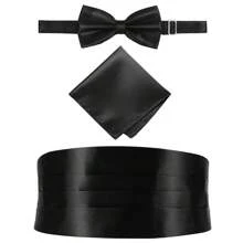 1 Set Men's Solid Color Fashion Waist Sash, Bow Tie, Pocket Square 3-Piece Set, Business Formal Waist Sash Belt - Multicolor - View 2