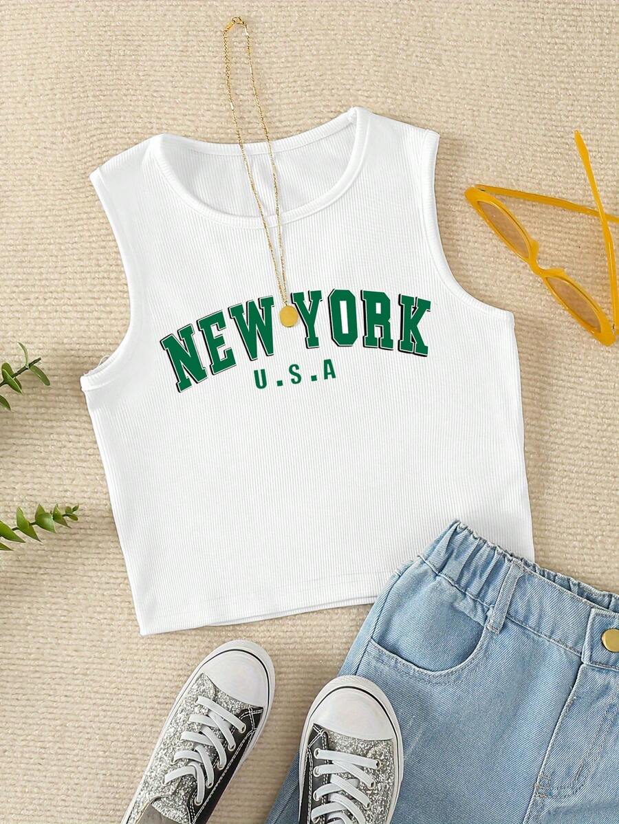 Girls' Fashion Street Casual Vertical Stripe Letter Print Versatile Comfortable Tank Top - White - View 1