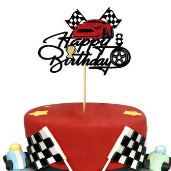 1Pc Race Car Happy Birthday Cake Topper Glitter Traffic Light Trophy Flag Racing Car Cake Picks For Let's Go Racing Theme Birthday Party Decorations Supplies,Christmas