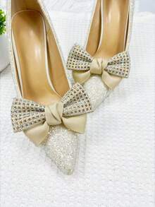1pair Detachable Colorful Rhinestone & Rhinestone Mesh Bow Tie Shoe Accessory For Women, Suitable For All Types Of Women's Shoes And Clothes