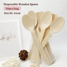 50 pièces Cuillères en bois jetables, 9,5/10/11/14/16 cm, ustensiles de couverts écologiques pour les fêtes, les pique-niques, les dîners à la maison, les desserts, Noël