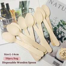 50 pièces Cuillères en bois jetables, 9,5/10/11/14/16 cm, ustensiles de couverts écologiques pour les fêtes, les pique-niques, les dîners à la maison, les desserts, Noël