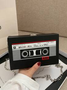 创意磁性胶带造型女士时尚个性链条包，适合购物、休闲、百搭 PU 材质单肩斜挎包 - 黑色 - 查看 1