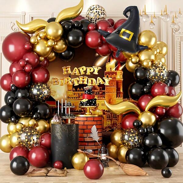 118pcs Magic Balloon Arch Kit, Burgundy & Gold Color Latex Balloon & Foil Balloon, For Magic Theme Birthday Decoration, Carnival Decor, Holiday Supplies Back To School Valentine's Day