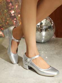 Damen Quadratische Zehenkappe Lässig Komfortable Strass Schnalle Dicke Absatz Weiche Sohle Arbeitsschuhe