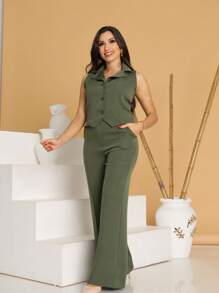 Women Two-Piece Outfits - Army Green - View 1