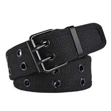1pc Men's Double Prong Buckle Belt, Outdoor Vintage Canvas Belt, Fashionable All-Match Black Casual Belt, Gift For Boyfriend/ Elders, Suitable For Daily Wear