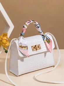 1pc Mini Solid Color Cross-Body Bag With Silk Scarf Embellishment, Ideal Choice For Daily Use And Gift - White - View 4