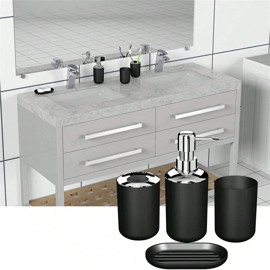 4pcs Simple Bathroom Accessories Set, Toothbrush Holder Soap Dish Dispenser Tumbler, Grey - Multicolor - View 1