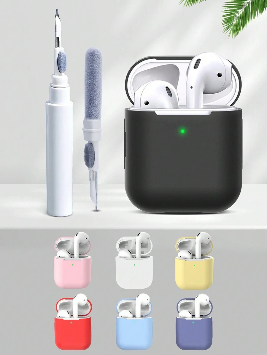 單色硅膠耳機盒+藍牙耳機清潔刷套裝，適用於蘋果AirPods 1/2/3 Pro - 彩色 - 查看 1