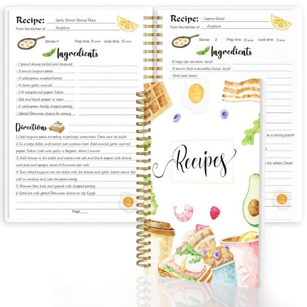 Cuaderno personal en blanco de recetas tamaño A5 (5.8 "x 8.6"), libro de recetas con encuadernación de doble espiral, con capacidad para 104 recetas
