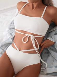 Ensemble Bikini côtelé pour femmes, maillot de bain Bandeau, nouveau Style, taille haute, ensemble deux pièces, plage, été, 2024 - Blanc - Voir 1