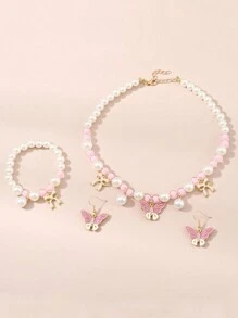 4pcs Princess Style Children's Jewelry Set - Butterfly Pendant, Earrings, Faux Pearl Necklace & Bracelet - Pink - View 3