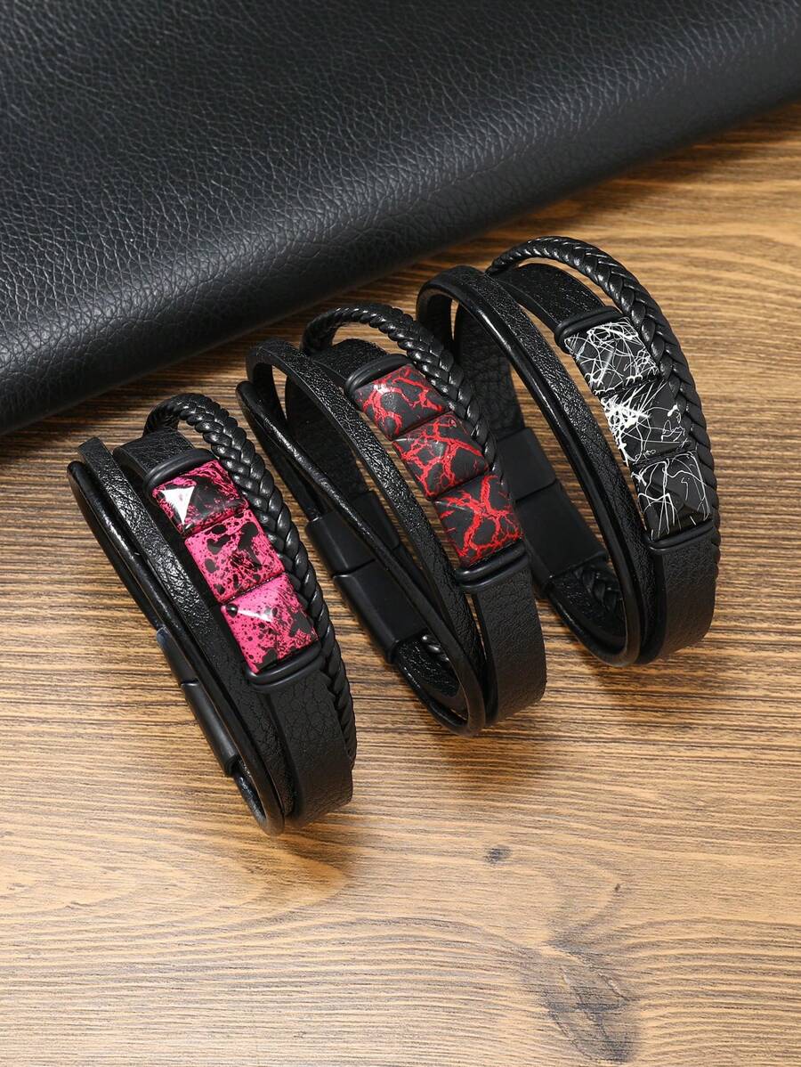 Hombres Pulsera con diseño de tachuela con diseño trenzado - Negro - Ver 1