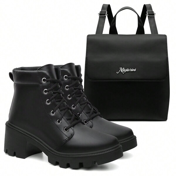 Kit Feminino Bota Coturno Salto Bloco Tratorado Antiderrapante Confortável + Mochila De Ombro Blogueira