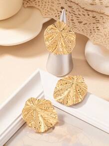 1pair Textured Fold Circle Pendant Earrings And 1pc Textured Fold Circle Ring Set, Vintage Exaggerated Jewelry Set For Women - Yellow Gold - View 2