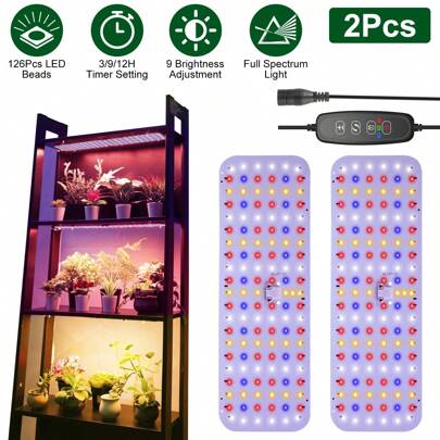 Moclever 2Pcs Ultra-Thin LED Grow Lights For Indoor Plants With 126Pcs LEDs Full Spectrum Under Cabinet Plant Growing Light Panel 3/9/12H Timer 9 Dimmable Levels