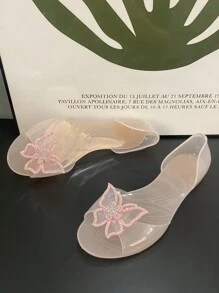 Zomer Peep-Toe Platte Sandalen Met Strass Strik Jelly Schoenen, Antislip Zachte Bodem Plastic Lage Vamp Strandvakantie Sandalen